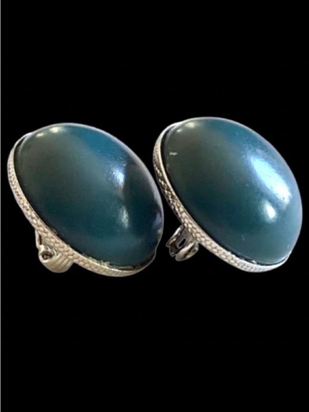 Vintage Dome Button Clip-On Earrings Teal Cabochon Silver Metal Sarah Coventry